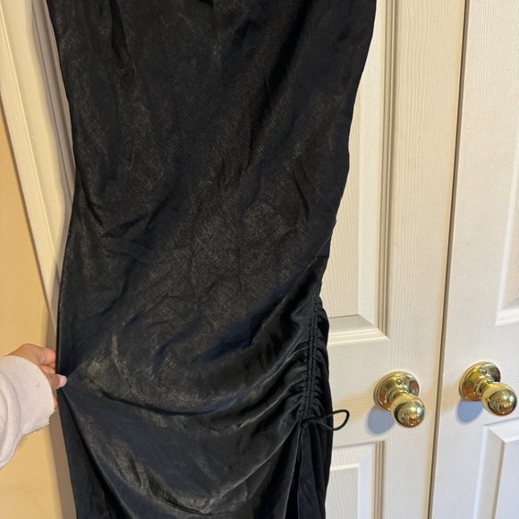 Zara Black Satin Midi dress with ruching and slit, size M - Picture 3 of 5